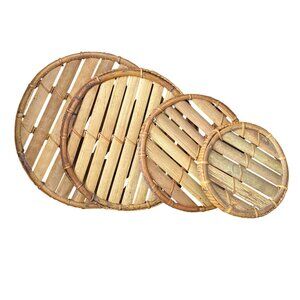 Vintage Bamboo Set of 4 Stacking Round Trivets - Boho Kitchen Decor